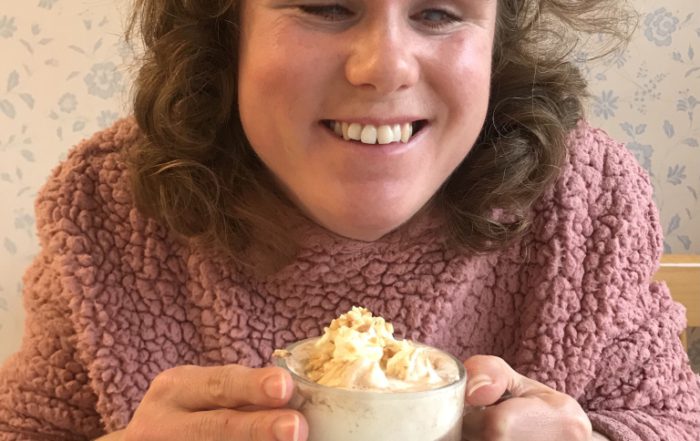 Harriet holding her hot chocolate