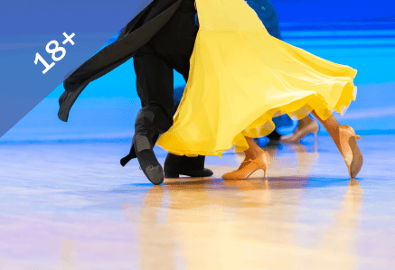 18 plus. Image of a man and woman's feet in their ballroom shoes.
