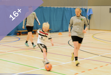 16 plus. An image of a child and coaches playing partially sighted football.