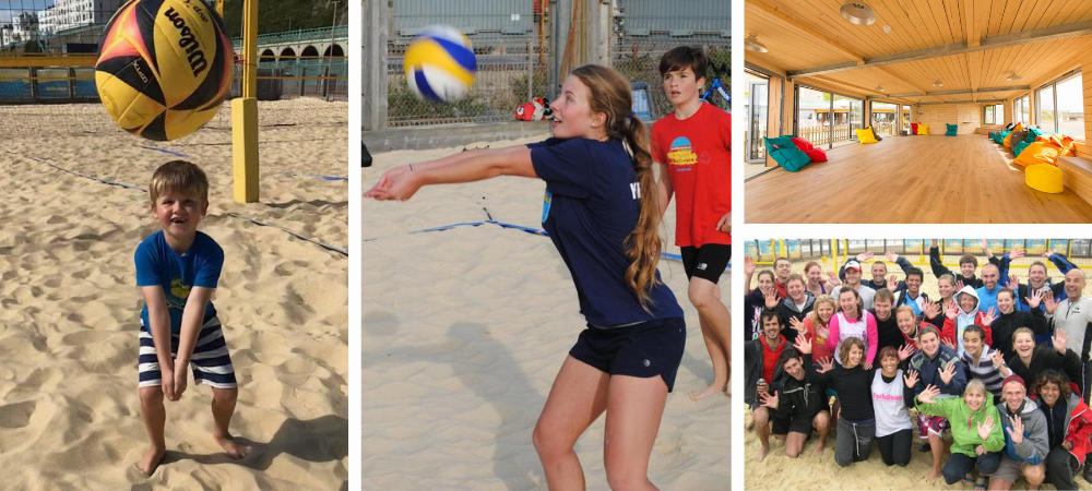 Beach Volleyball Banner Three images of children playing beach volleyball. In the top right there is an image of the inside of the Yellow Wave beach house interior. It has wooden floors, wide windows and brightly coloured pink and blue cushions.