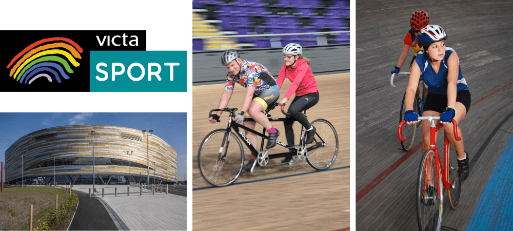 The VICTA Sport logo is top left corner. Positioned underneath is an image of Derby Arena. To the right are two images of people cycling around a velodrome on tandem and individual bikes.