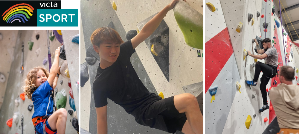 Three images of children and young people on indoor climbing walls having fun.