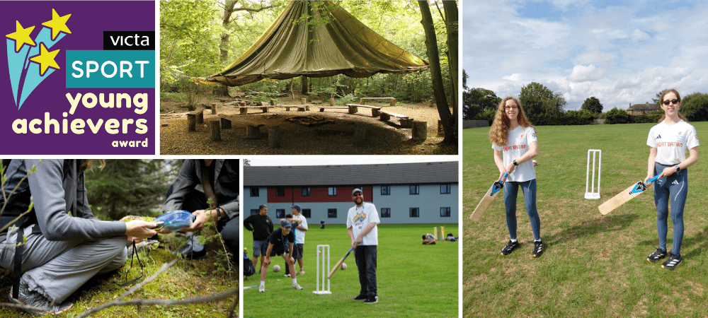Sport Young Achievers. Images of children and adults playing cricket and geocaching.