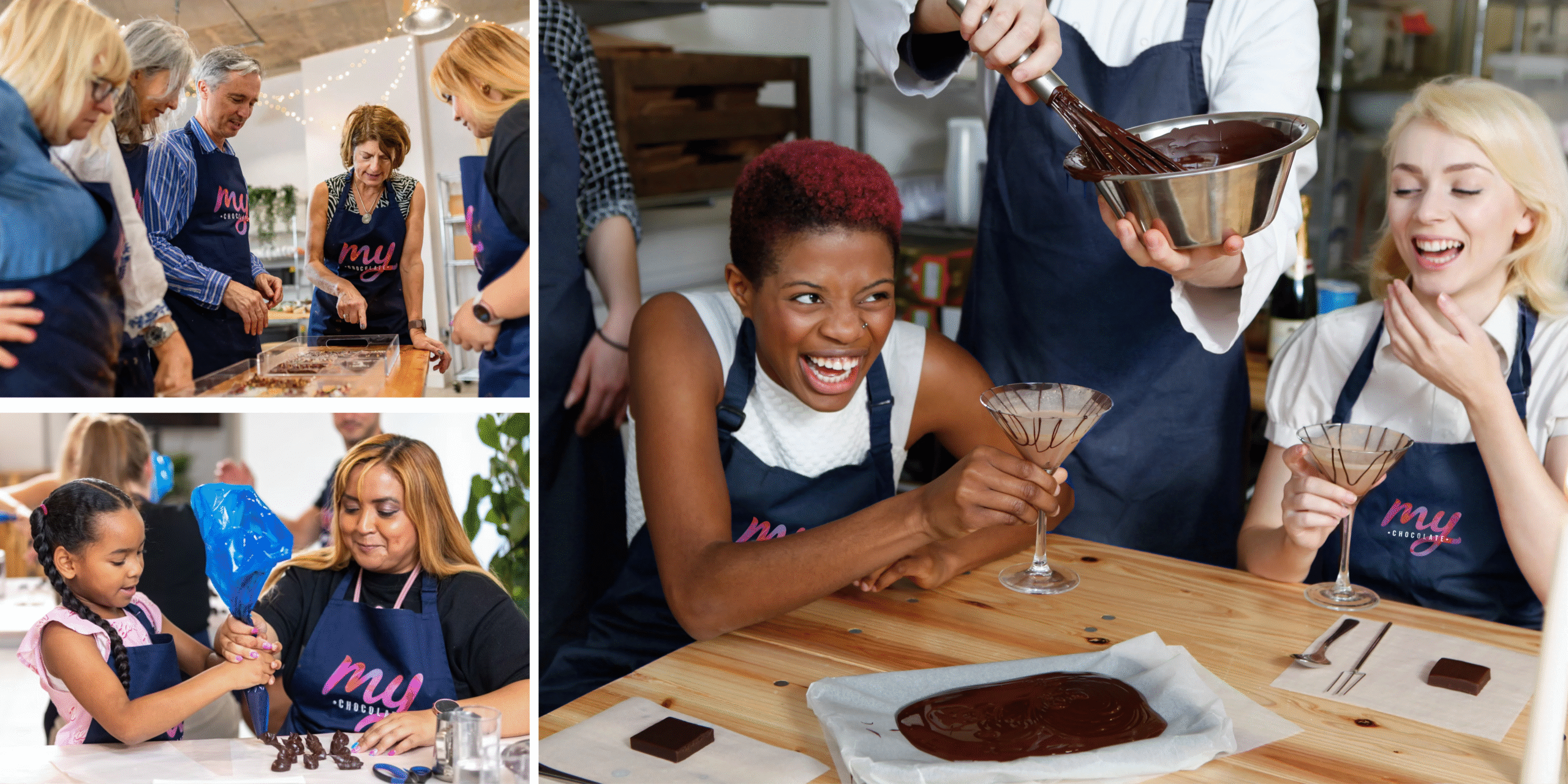 Chocolate Making Banner Two women laughing while holding chocolate drinks in glasses. Other learners enjoying a chocolate making class.