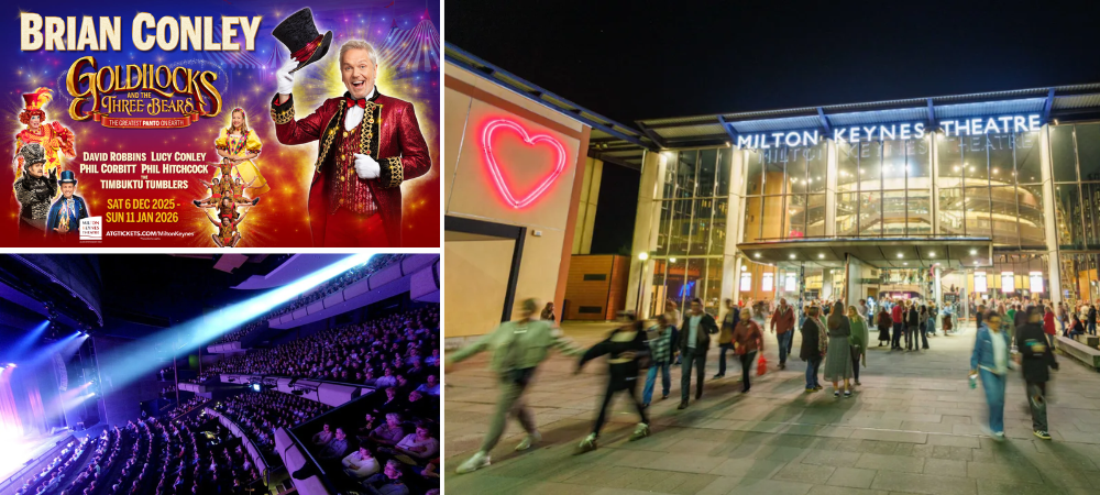 MK Panto Milton Keynes Theatre. The Goldilocks poster and people enjoying the show.