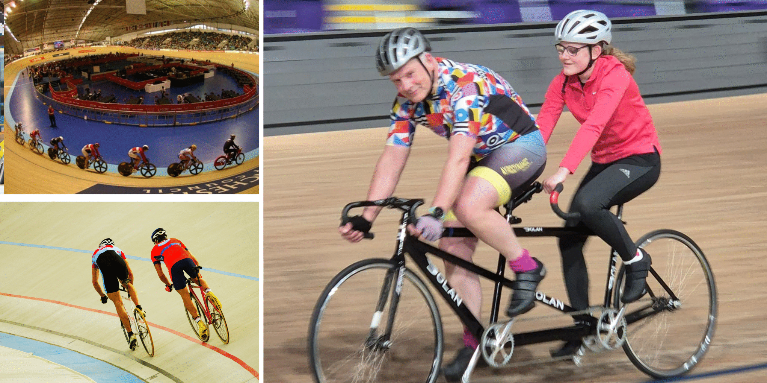 Copy of Banner Cycling Manchester Three images of people cycling inside a velodrome.