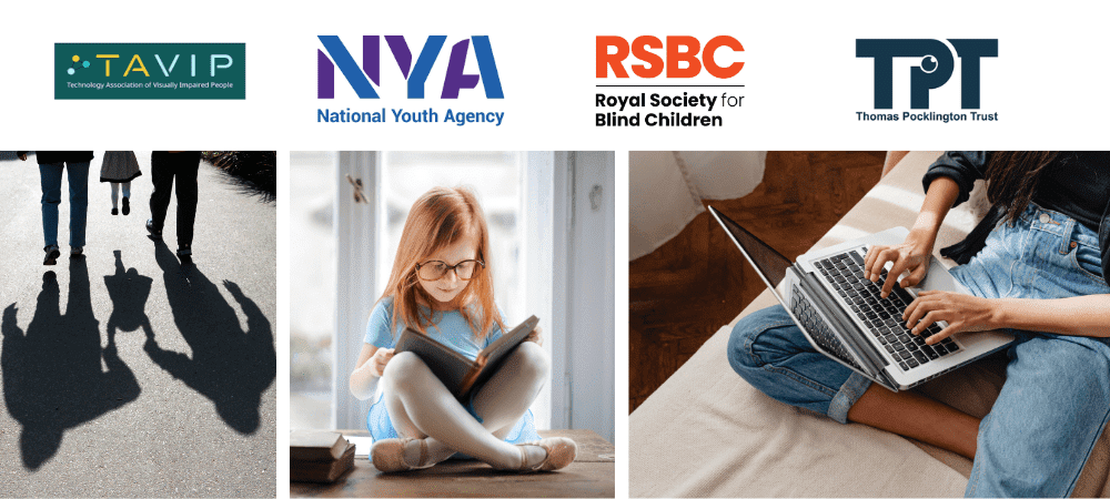 Children and families reading and using technology positioned under logos for TAVIP, National Youth Agency, RSBC and Thomas Pocklington Trust.