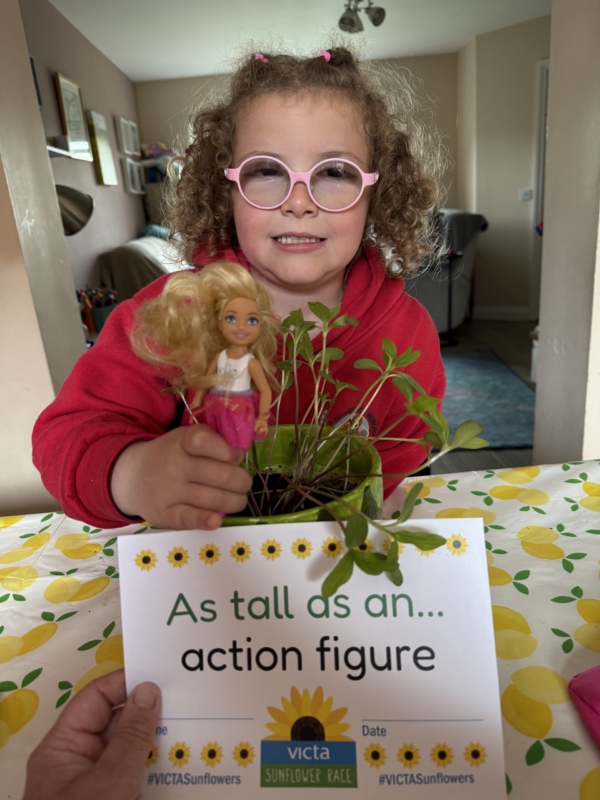 Daisy-action-figure Daisy holds up a doll with an 'as tall as an action figure sign'.