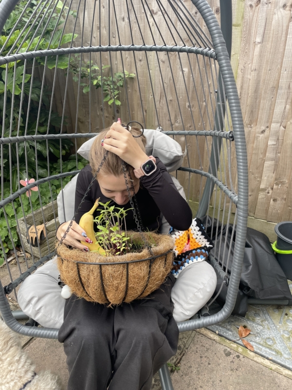 Dayzie Simpson-banana Dayzie sits on a garden chair with the hanging basket on her lap. She holds a banana next to the plant for scale!