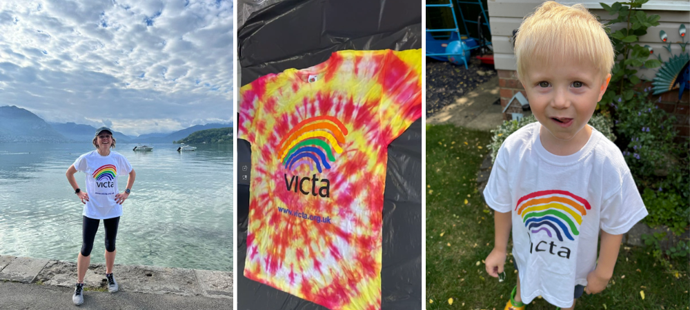 T Shirt Challenge People wearing the VICTA T-shirt. In the middle is a tie-dyed VICTA T-shirt.