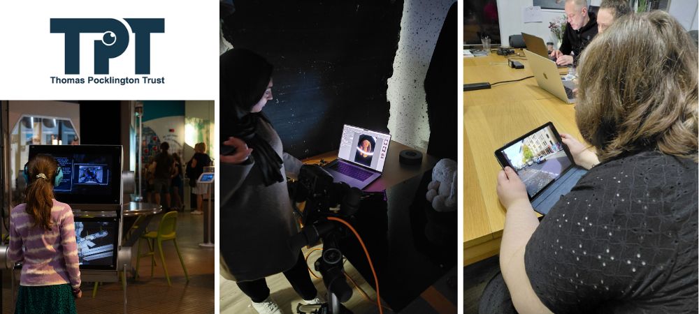 Different images of people using technology such as laptops, tablets and touch screen TVs. The Thomas Pocklington logo is top left.