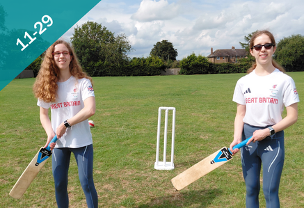 Two women holding cricket bats on a field in the sunshine.