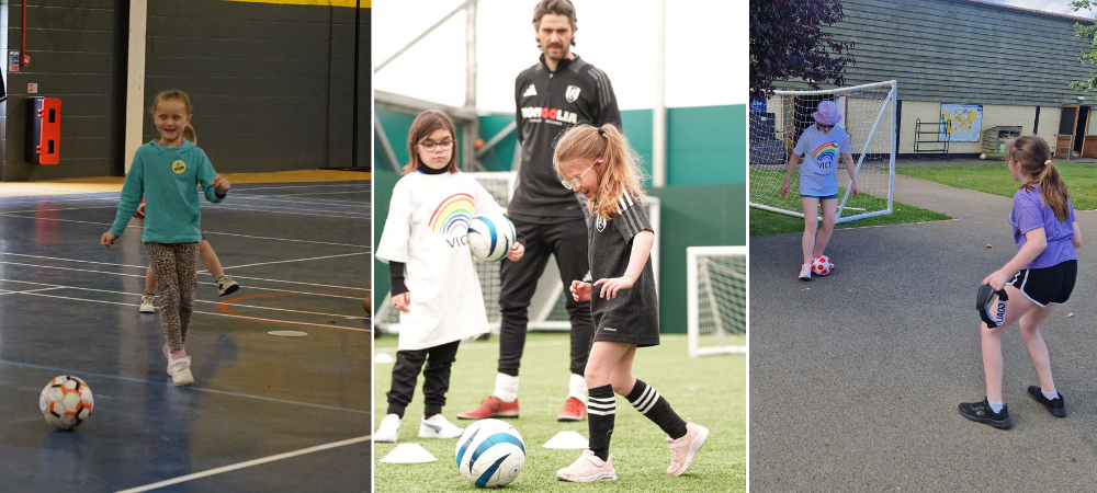 Female Only FA Banner Girls playing partially sighted football on indoor courts and outdoor fields.