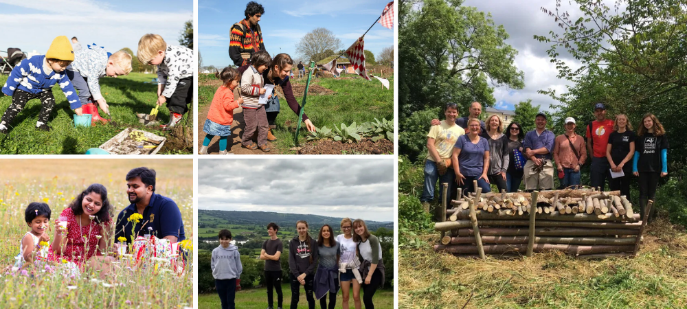Adults and children having fun exploring woodland and grassland areas at the Grow Wilder site.