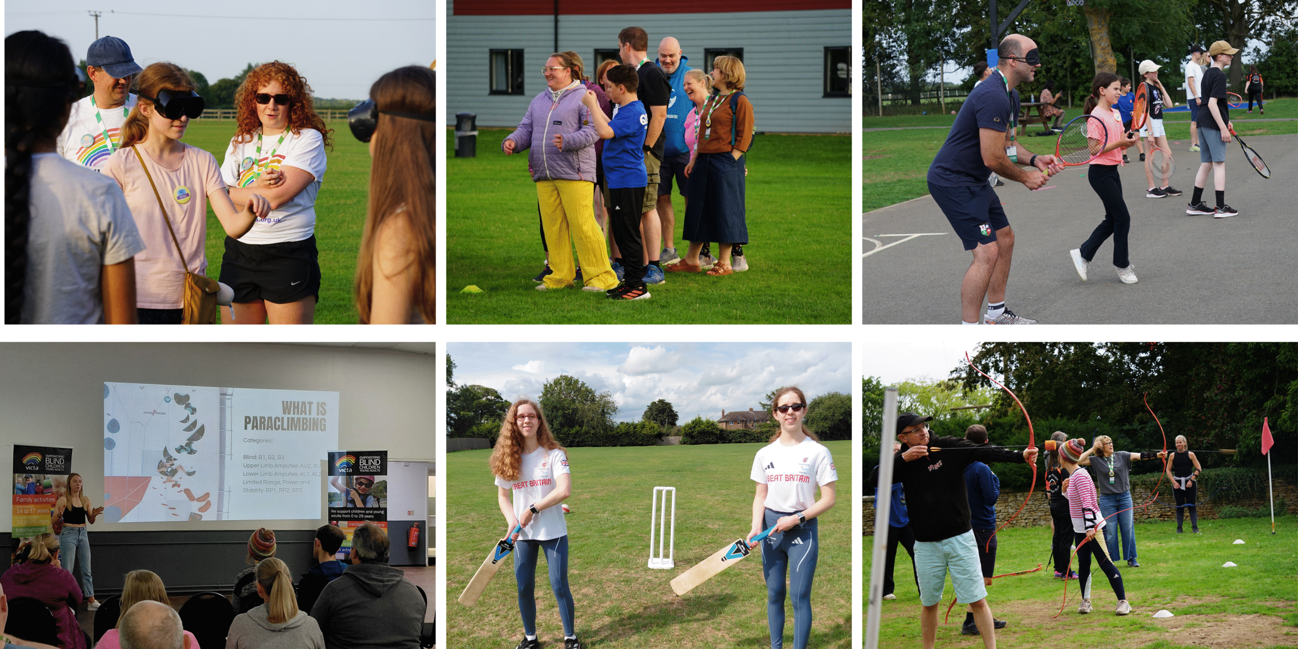 Images of children and adults playing different sports and laughing at the Sports Family Weekend.