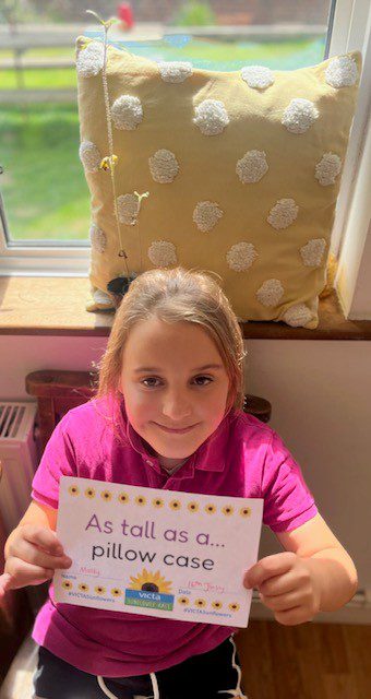 molly-1 A girl holds a sign reading 'as tall as a pillow'. Behind her on the windowsill sits a sunflower plant next to a cushion for scale.