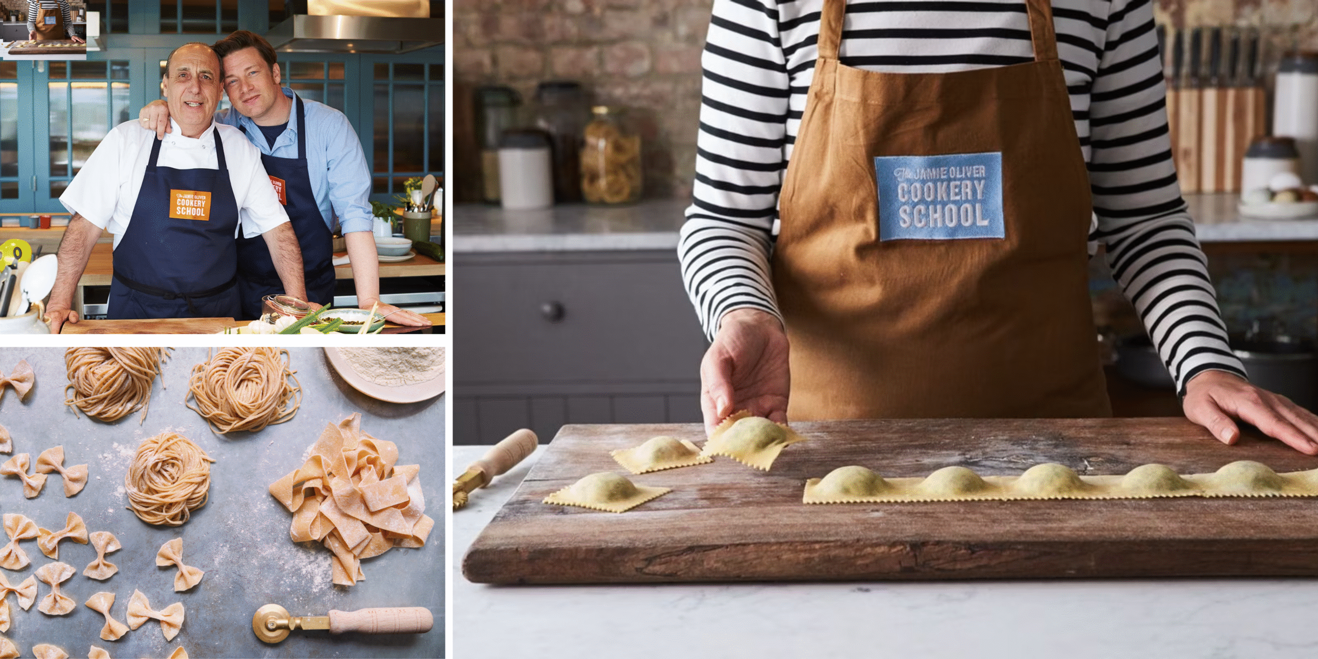 Jamie Oliver and a head chef posing. A woman making pasta, and a spread of different pasta types.