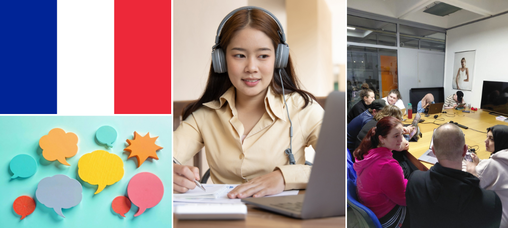 French Conversation banner A young person on a meeting on her laptop and a group of people chatting around a table. A French flag and speech bubble are positioned to the left.