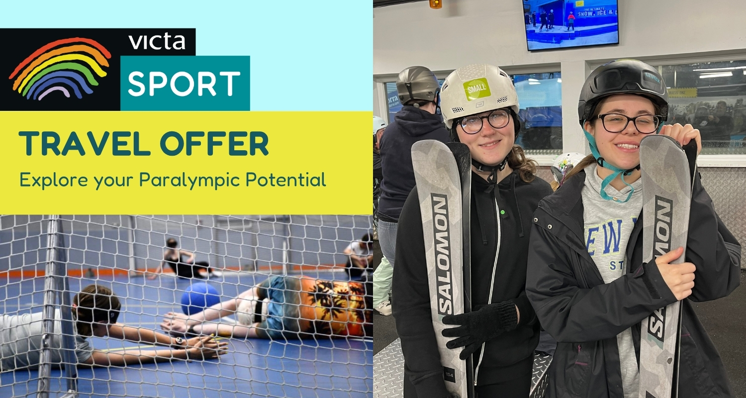 Paralympic potential banner Paralympic potential travel off - photos show goalball in action and two teenagers holding up skis at an indoor snow centre.
