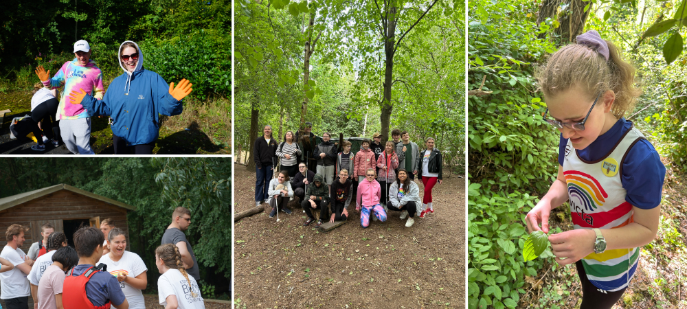Families and volunteers having fun in a forest setting.