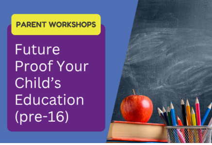 Blue and purple banner with image of red apple and colourful pencils in front of a blackboard.