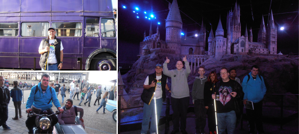 Harry Potter People exploring Harry Potter Studios including the Knight Bus, Castle and Hagrid's motorcycle.