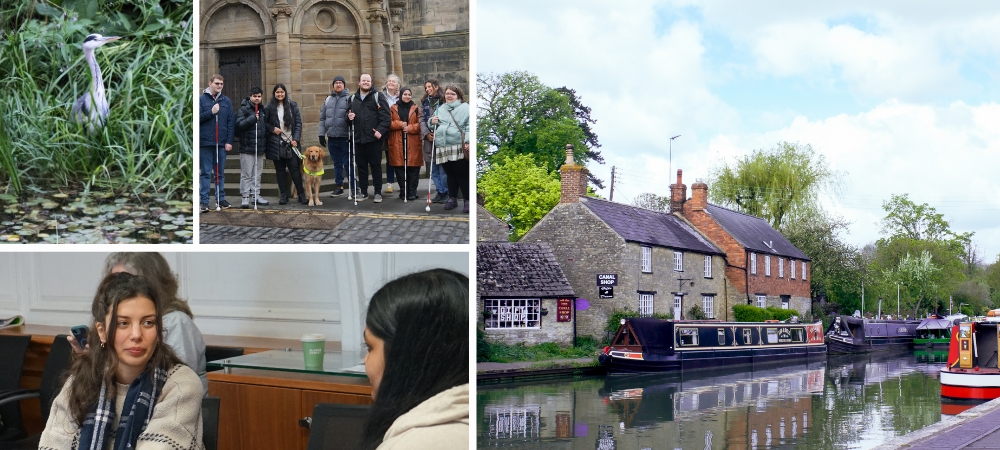 Leadership yr 2 A canalside location, a heron sits on the water and last year's group smiling in Edinburgh