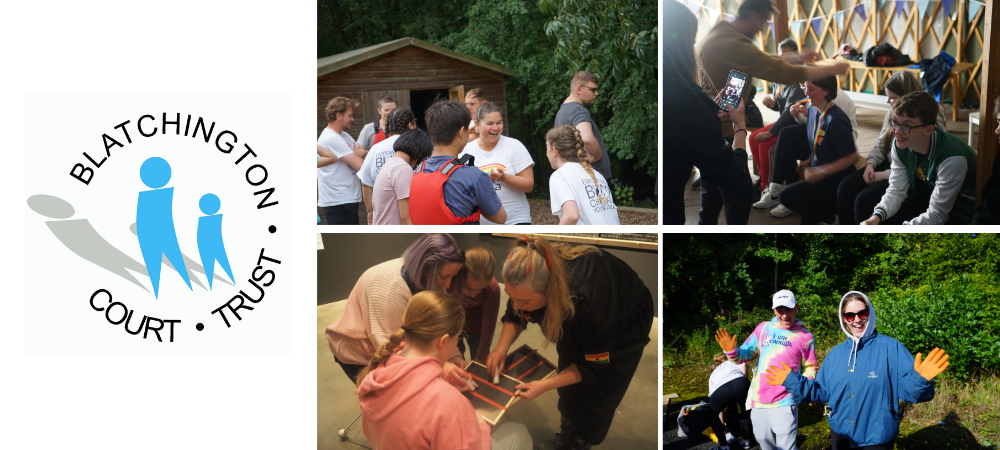 Blatchington Court Trust logo on the left with images of young people having fun on a woodland camp on the right.