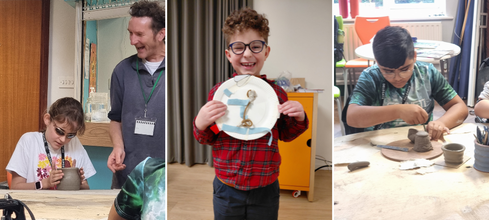 Children having fun crafting and trying pottery.