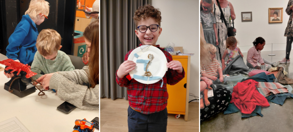 Three images of children doing colourful crafts and having fun.