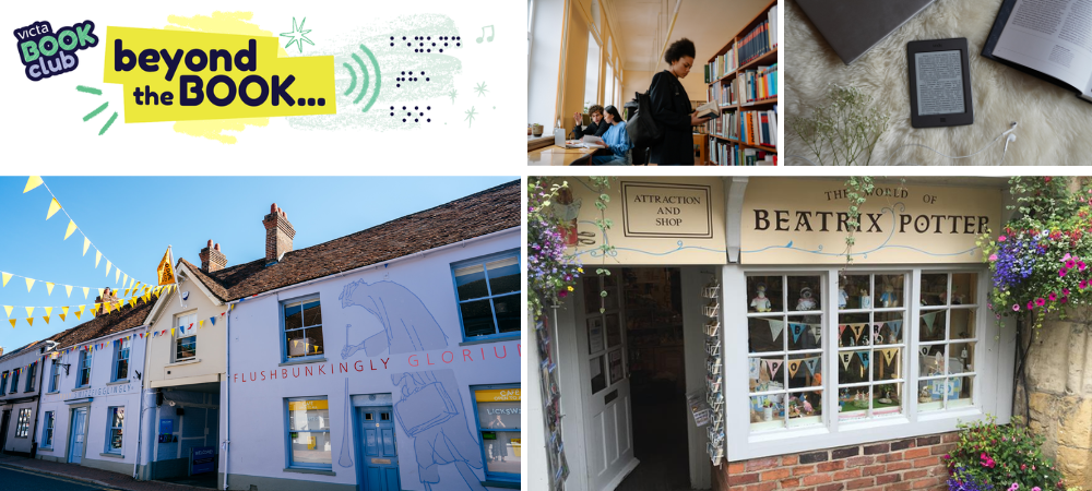 Travel Offer BtB (1) Beyond the Book logo top left. A teenager in a library and a kindle are to the right. The Roald Dahl and Beatrix Potter museums are positioned underneath.