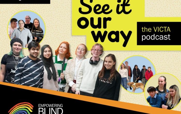 See it our way the VICTA podcast branding with cut out photos of the Changemaker team