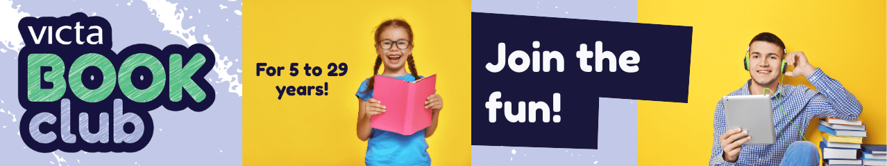 VICTA Book Club banner of children reading in different formats and having fun.