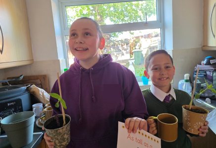 Two smiling children holding pots containing sunflower saplings in a kitchen.