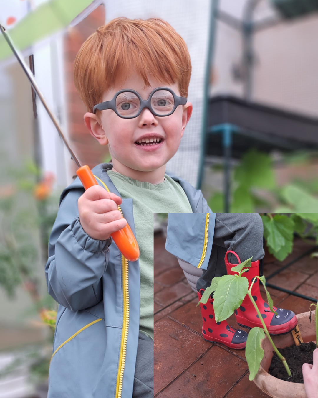 Vincent A boy wearing red welly boots smiling next to a potted sunflower.