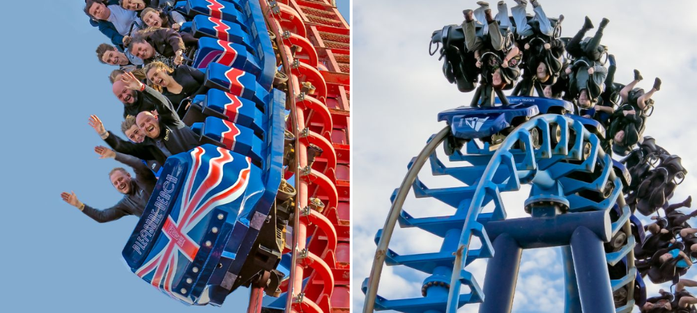 People riding rollercoasters, waving their arms and screaming with excitement.