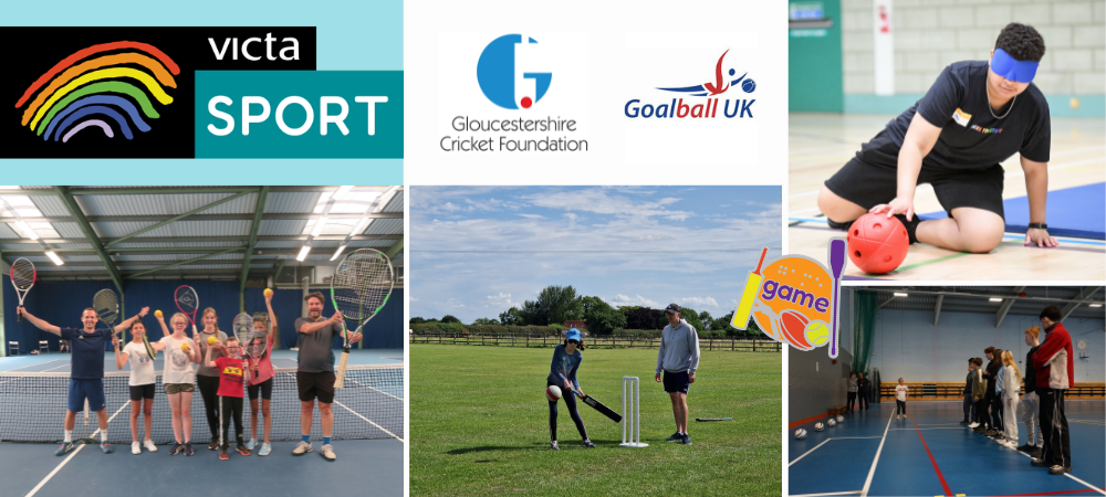 Game On banner People playing goalball, blind cricket and blind tennis.