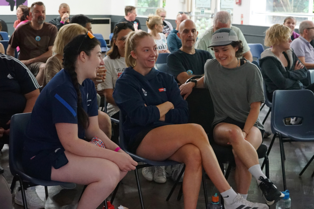 Menna Abbie and Parents crop Menna chats to parents and Abbie Robbinsoon at a VICTA workshop.