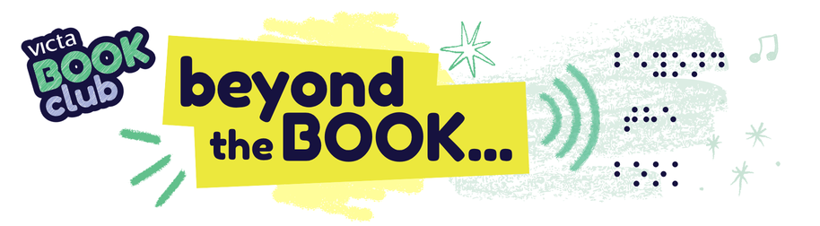 Simpler version for web banner Beyond the Book in text and braille surrounded by musical notes and stars.